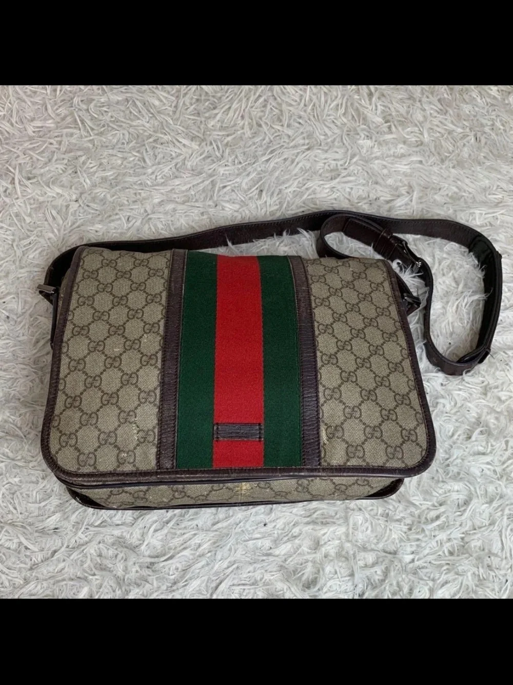 Gucci Brown Monogram Messenger Bag with Red & Green Center Stripe